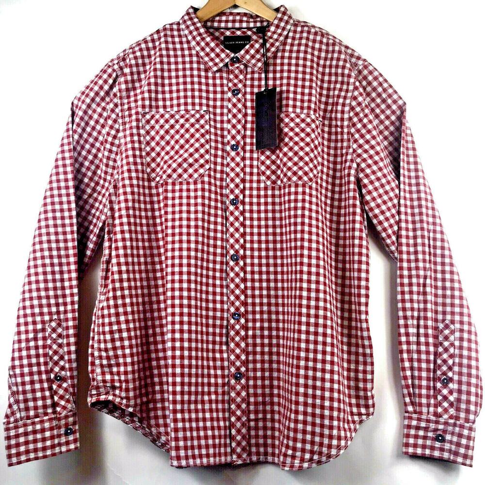 SILVER Jeans Co Shirt Mens Medium Red Gingham Check Western Utility Cotton NEW